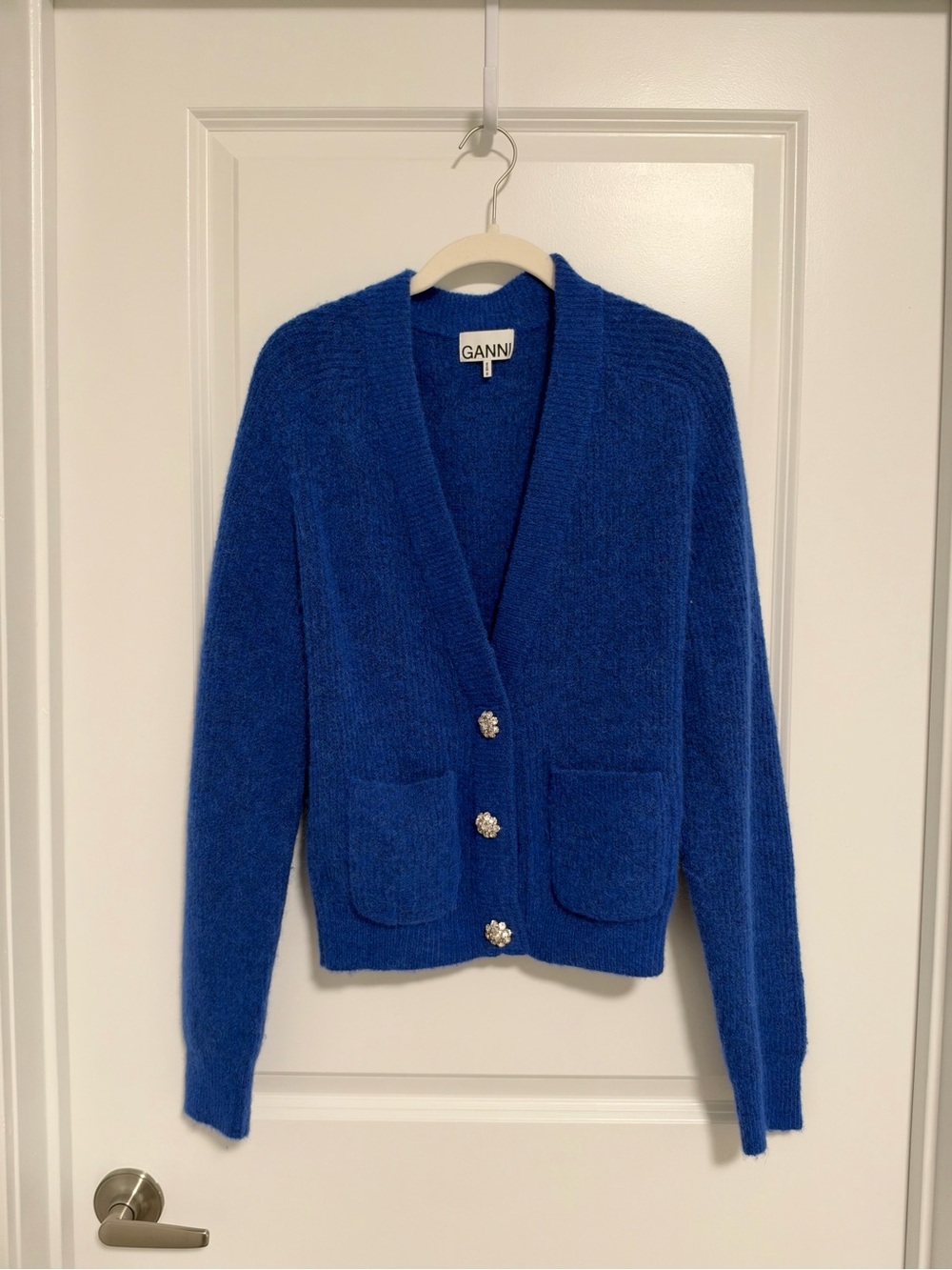 Ganni Royal Blue V-Neck Pocket Button Cardigan